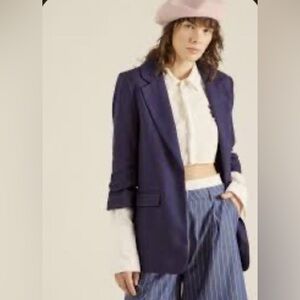 H&M Blue tweed Blazer with tan Elbow Patches 8